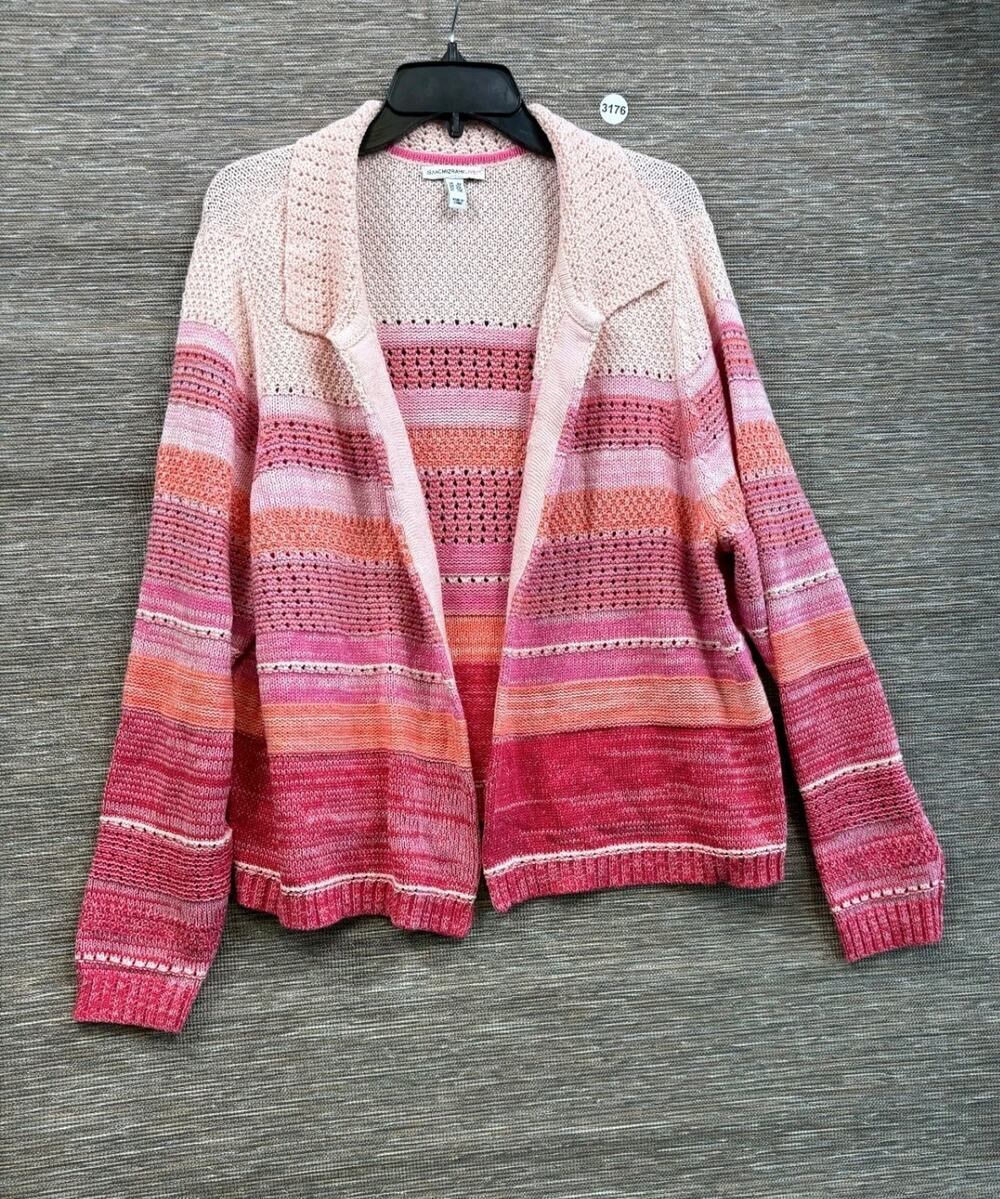 Isaac Mizrahi Live! Open Front Cardigan Sweater Sz 2X Pink Striped with Collar